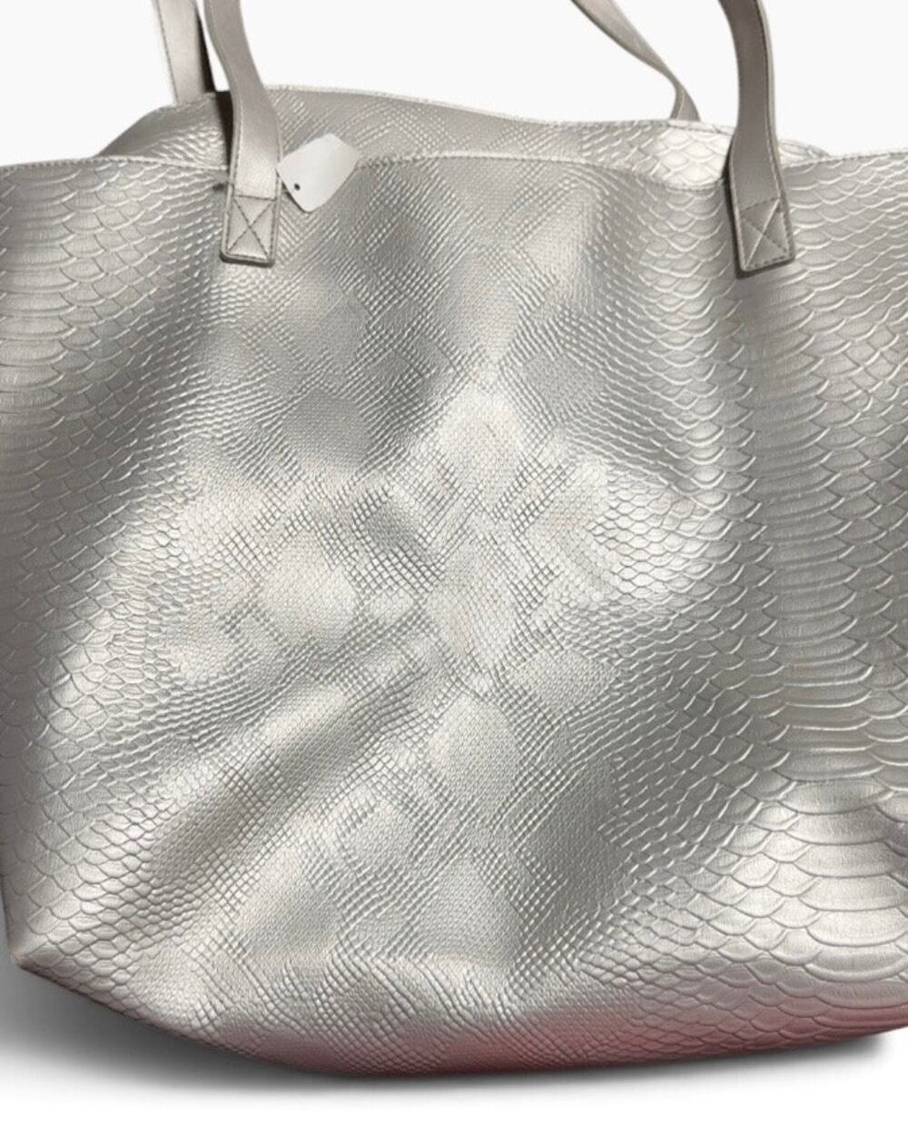 Bath & Body Works Metallic Silver Snakeskin Large Tote Bag Zipper Closure